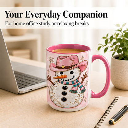#pl[15oz|Pink] Pink Cowgirl Snowman Coffee Mug, Western Winter Mug, Ceramic Cup