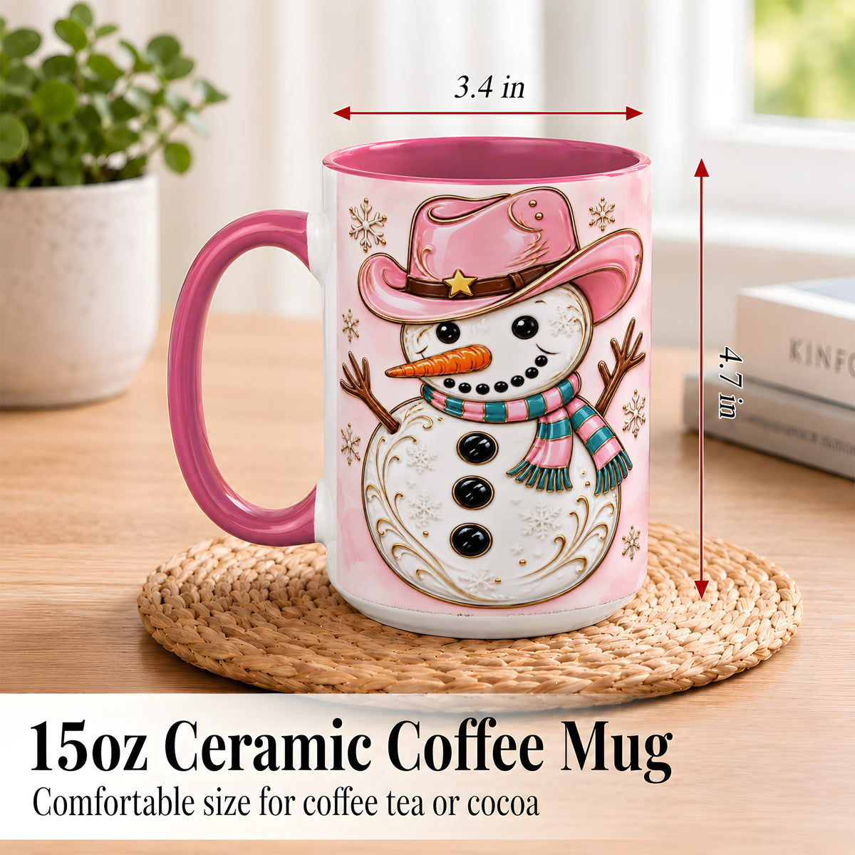 #pl[15oz|Pink] Pink Cowgirl Snowman Coffee Mug, Western Winter Mug, Ceramic Cup