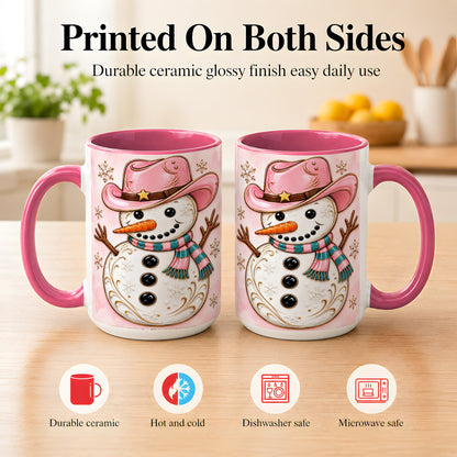 #pl[15oz|Pink] Pink Cowgirl Snowman Coffee Mug, Western Winter Mug, Ceramic Cup
