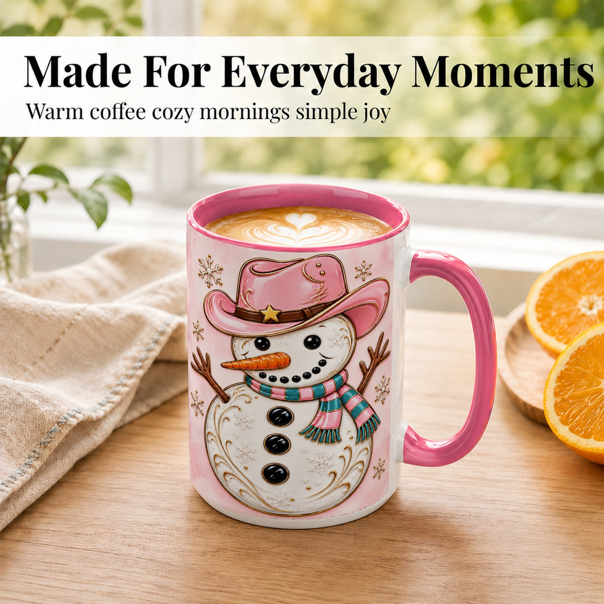 #pl[15oz|Pink] Pink Cowgirl Snowman Coffee Mug, Western Winter Mug, Ceramic Cup