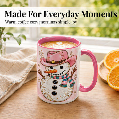 #pl[15oz|Pink] Pink Cowgirl Snowman Coffee Mug, Western Winter Mug, Ceramic Cup