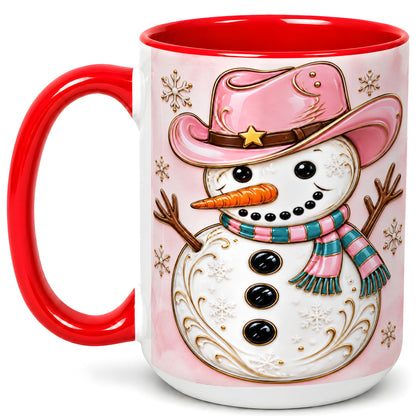 #pl[15oz|Red] Pink Cowgirl Snowman Coffee Mug, Western Winter Mug, Ceramic Cup
