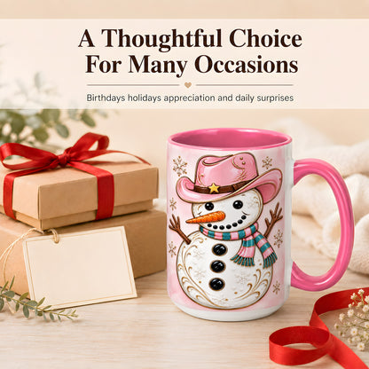 #pl[15oz|Pink] Pink Cowgirl Snowman Coffee Mug, Western Winter Mug, Ceramic Cup