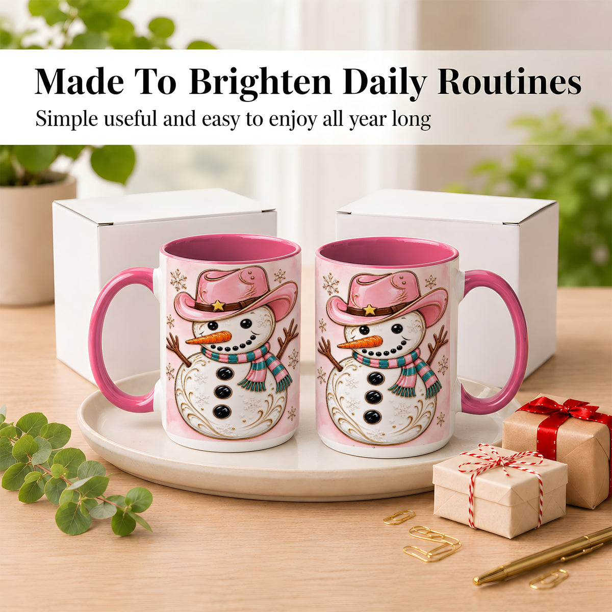 #pl[15oz|Pink] Pink Cowgirl Snowman Coffee Mug, Western Winter Mug, Ceramic Cup