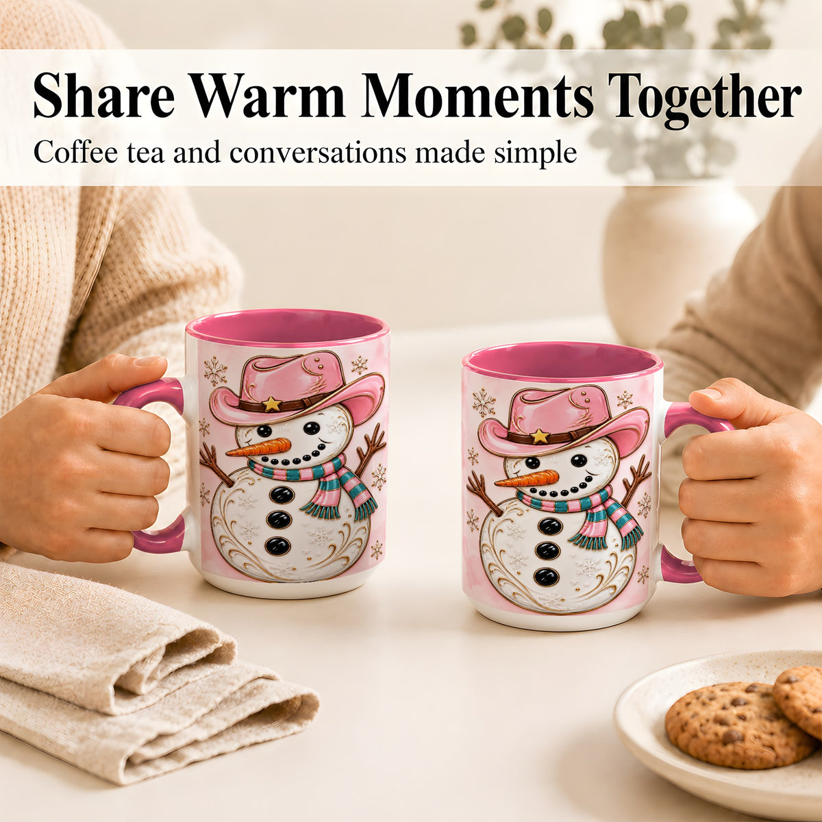 #pl[15oz|Pink] Pink Cowgirl Snowman Coffee Mug, Western Winter Mug, Ceramic Cup
