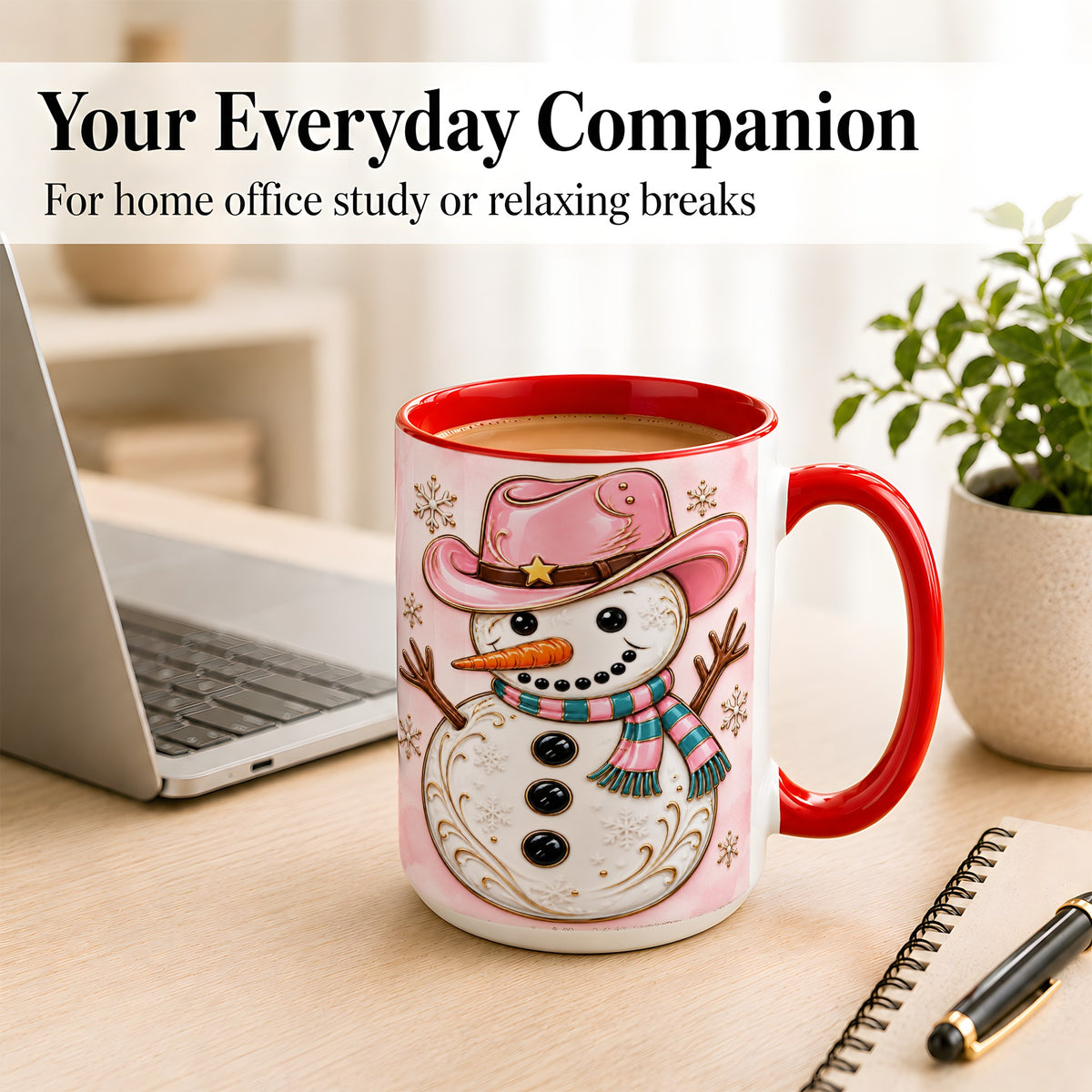 #pl[15oz|Red] Pink Cowgirl Snowman Coffee Mug, Western Winter Mug, Ceramic Cup