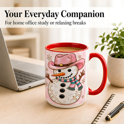 #pl[15oz|Red] Pink Cowgirl Snowman Coffee Mug, Western Winter Mug, Ceramic Cup