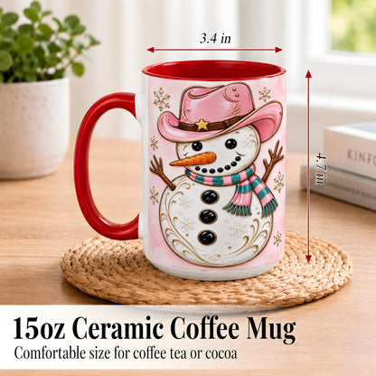 #pl[15oz|Red] Pink Cowgirl Snowman Coffee Mug, Western Winter Mug, Ceramic Cup