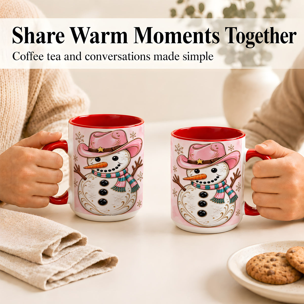 #pl[15oz|Red] Pink Cowgirl Snowman Coffee Mug, Western Winter Mug, Ceramic Cup