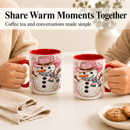 #pl[15oz|Red] Pink Cowgirl Snowman Coffee Mug, Western Winter Mug, Ceramic Cup