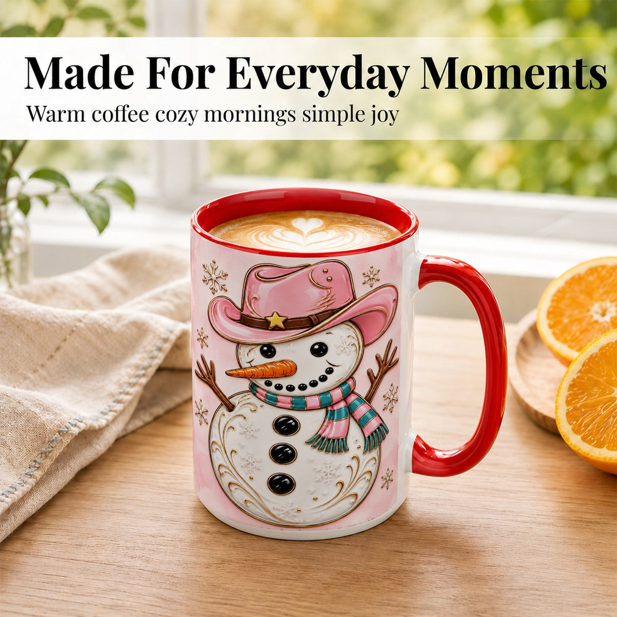 #pl[15oz|Red] Pink Cowgirl Snowman Coffee Mug, Western Winter Mug, Ceramic Cup