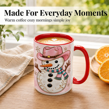 #pl[15oz|Red] Pink Cowgirl Snowman Coffee Mug, Western Winter Mug, Ceramic Cup