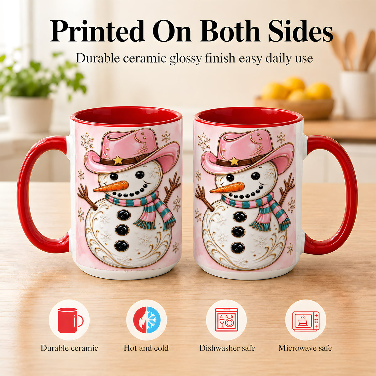 #pl[15oz|Red] Pink Cowgirl Snowman Coffee Mug, Western Winter Mug, Ceramic Cup