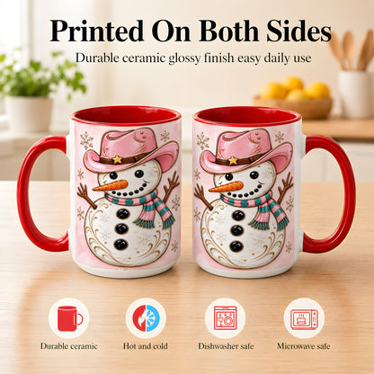 #pl[15oz|Red] Pink Cowgirl Snowman Coffee Mug, Western Winter Mug, Ceramic Cup
