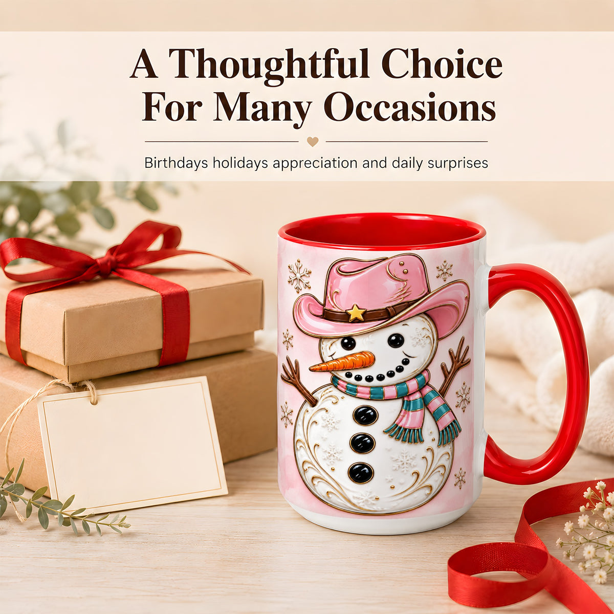 #pl[15oz|Red] Pink Cowgirl Snowman Coffee Mug, Western Winter Mug, Ceramic Cup