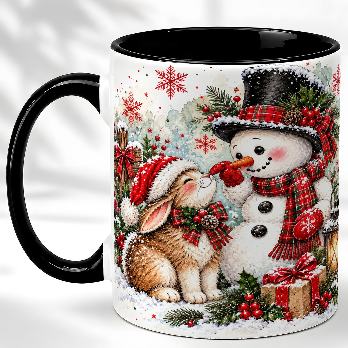 #pl[11oz|Black] Snowman Bunny Christmas Coffee Mug, Watercolor Winter Mug, Ceramic Cup