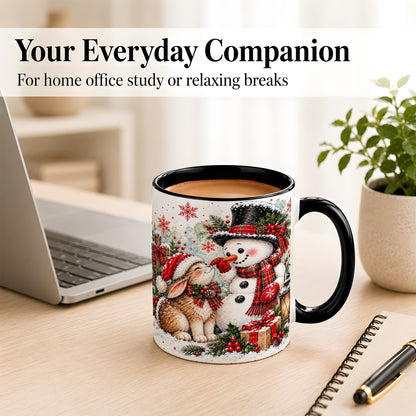 #pl[11oz|Black] Snowman Bunny Christmas Coffee Mug, Watercolor Winter Mug, Ceramic Cup