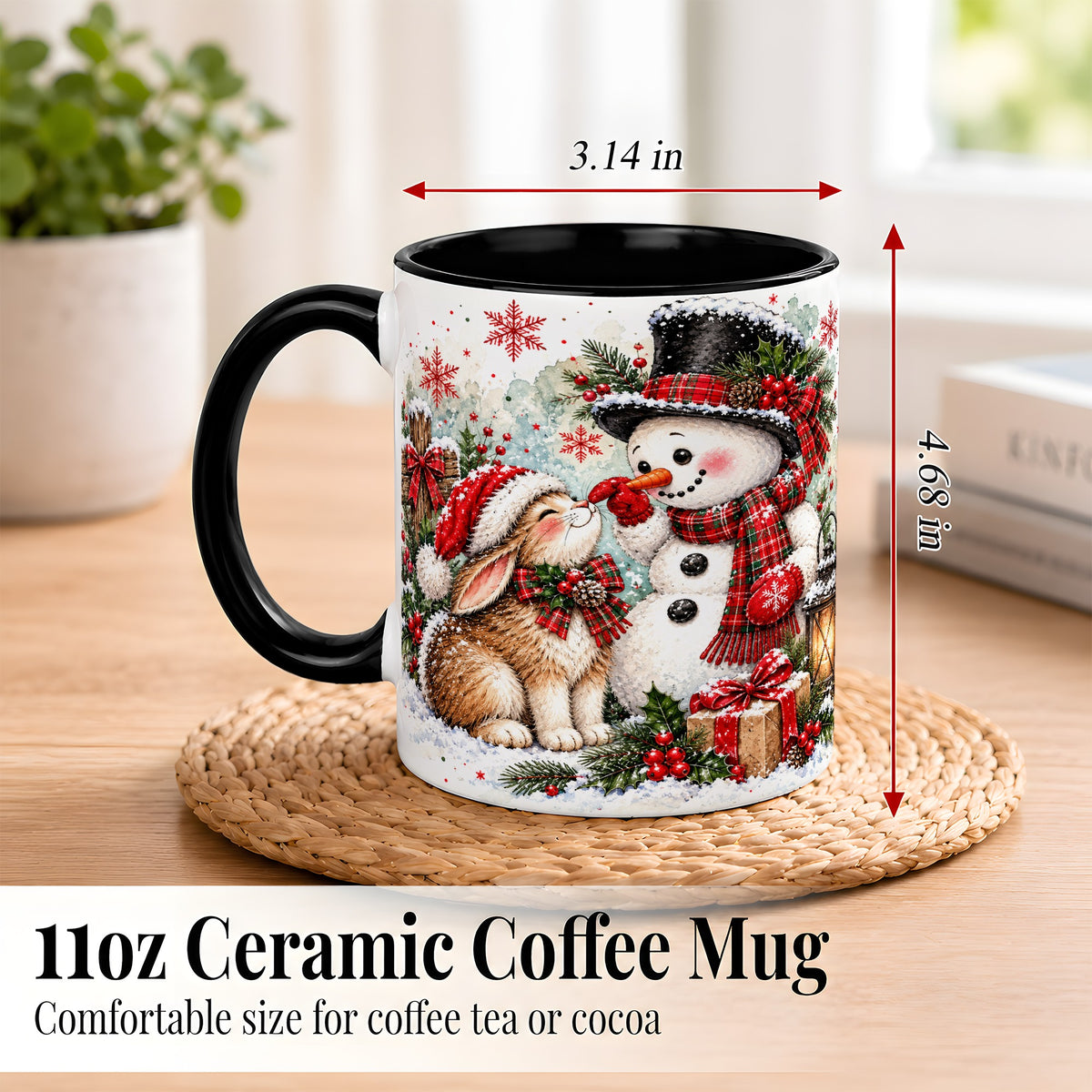 #pl[11oz|Black] Snowman Bunny Christmas Coffee Mug, Watercolor Winter Mug, Ceramic Cup