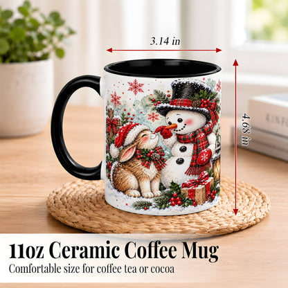 #pl[11oz|Black] Snowman Bunny Christmas Coffee Mug, Watercolor Winter Mug, Ceramic Cup