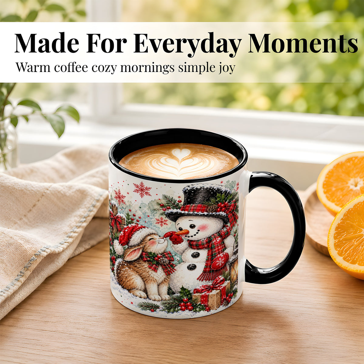 #pl[11oz|Black] Snowman Bunny Christmas Coffee Mug, Watercolor Winter Mug, Ceramic Cup