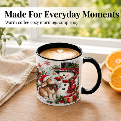 #pl[11oz|Black] Snowman Bunny Christmas Coffee Mug, Watercolor Winter Mug, Ceramic Cup
