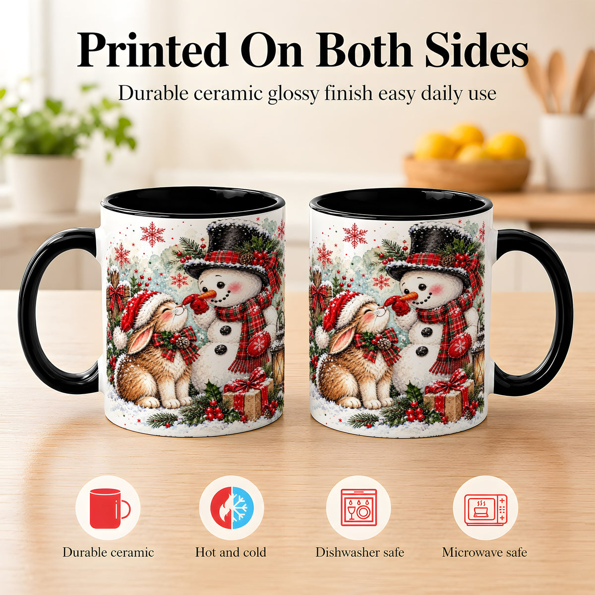 #pl[11oz|Black] Snowman Bunny Christmas Coffee Mug, Watercolor Winter Mug, Ceramic Cup