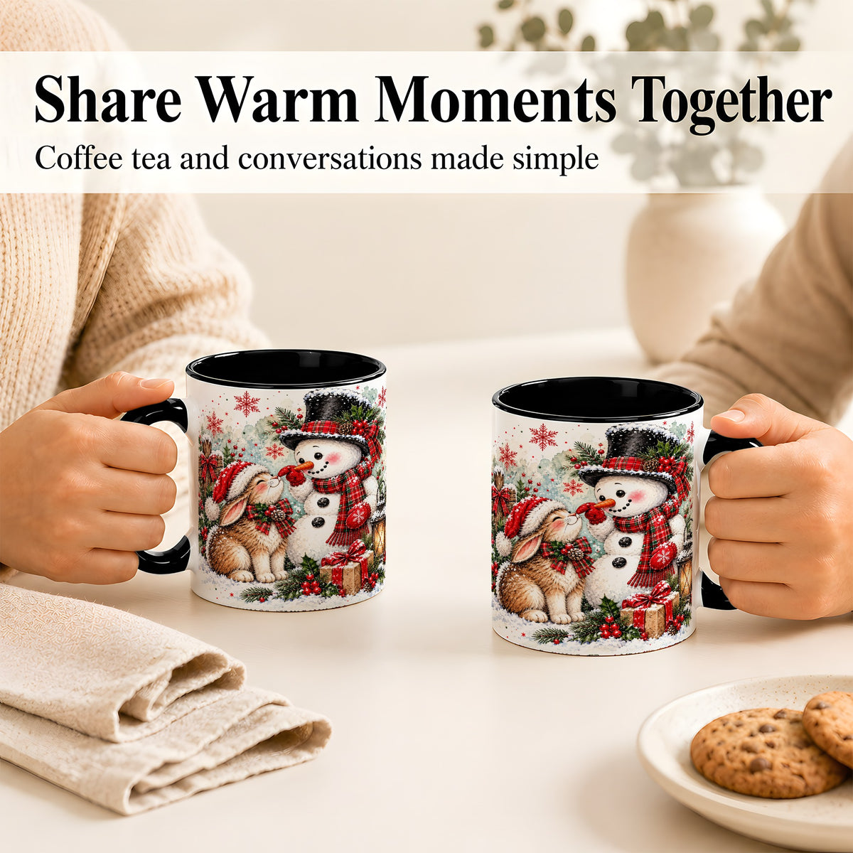 #pl[11oz|Black] Snowman Bunny Christmas Coffee Mug, Watercolor Winter Mug, Ceramic Cup