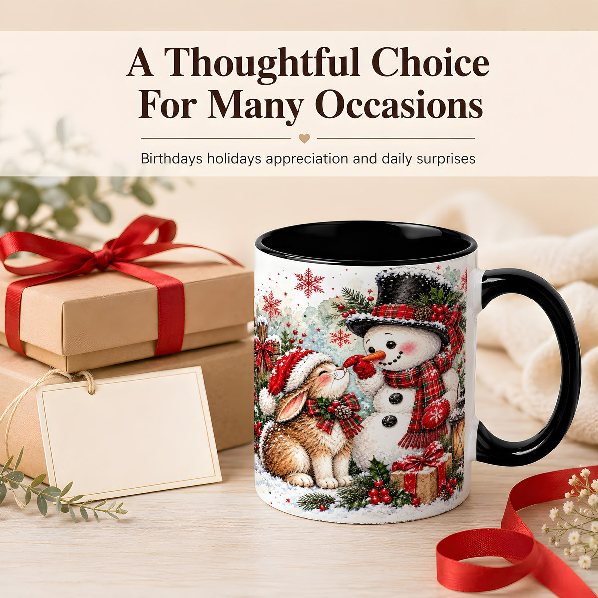 #pl[11oz|Black] Snowman Bunny Christmas Coffee Mug, Watercolor Winter Mug, Ceramic Cup