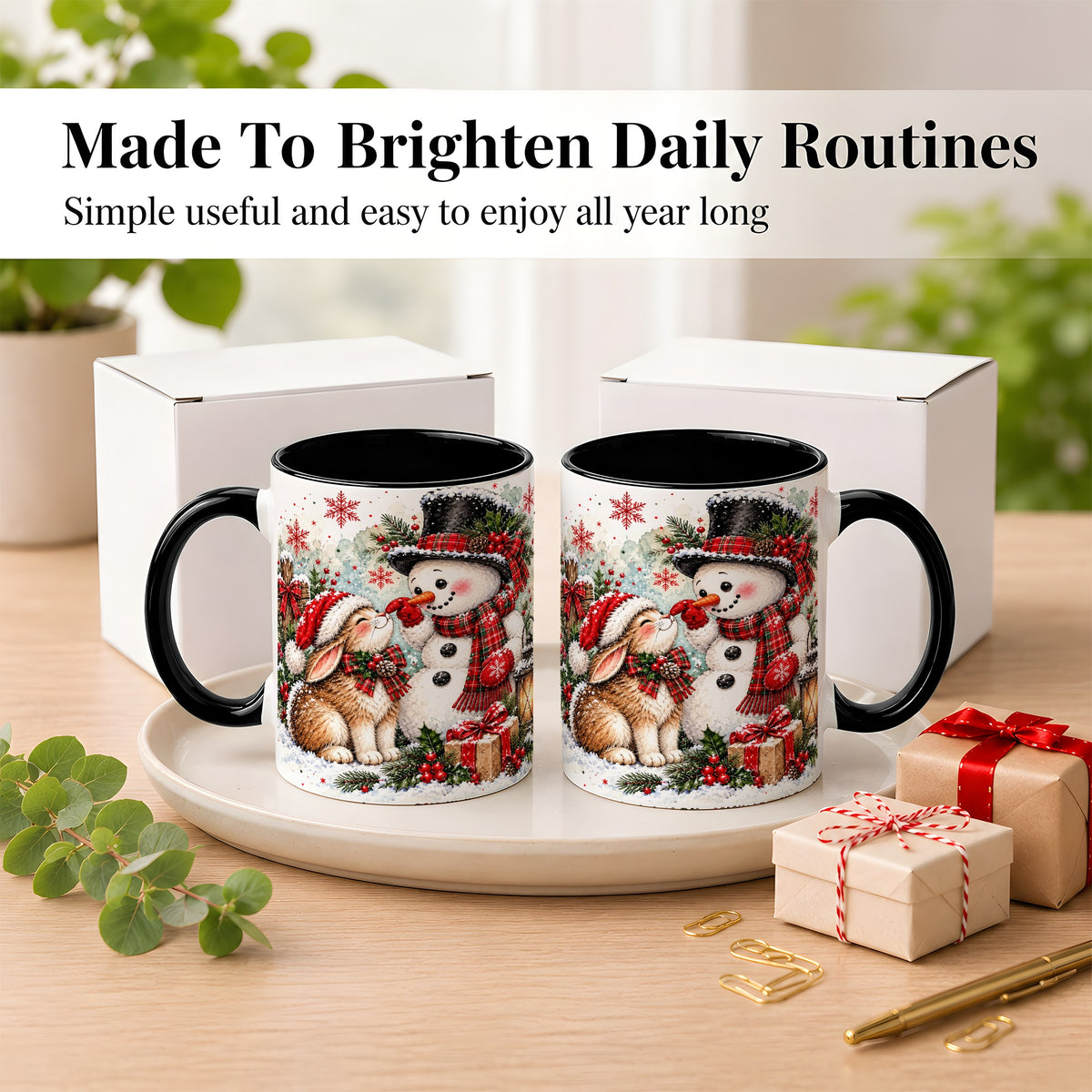 #pl[11oz|Black] Snowman Bunny Christmas Coffee Mug, Watercolor Winter Mug, Ceramic Cup