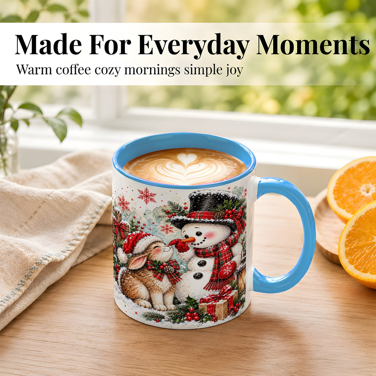 #pl[11oz|Blue] Snowman Bunny Christmas Coffee Mug, Watercolor Winter Mug, Ceramic Cup