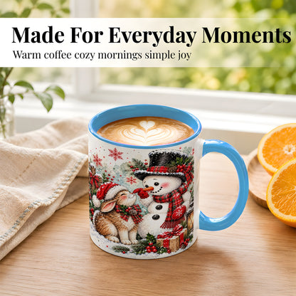 #pl[11oz|Blue] Snowman Bunny Christmas Coffee Mug, Watercolor Winter Mug, Ceramic Cup