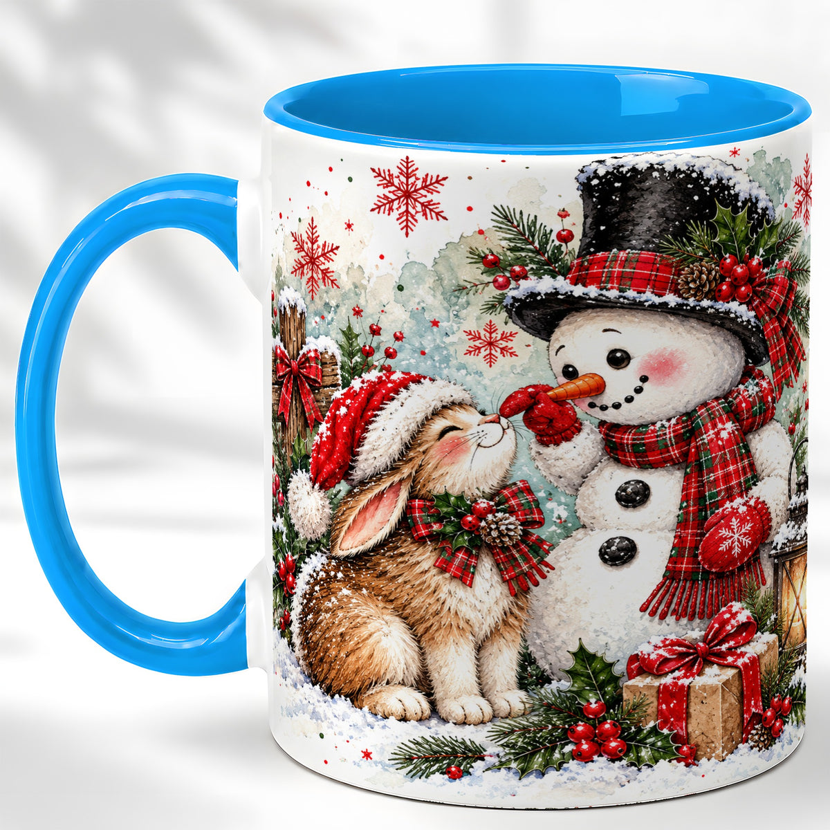 #pl[11oz|Blue] Snowman Bunny Christmas Coffee Mug, Watercolor Winter Mug, Ceramic Cup