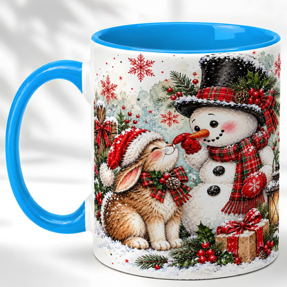 #pl[11oz|Blue] Snowman Bunny Christmas Coffee Mug, Watercolor Winter Mug, Ceramic Cup