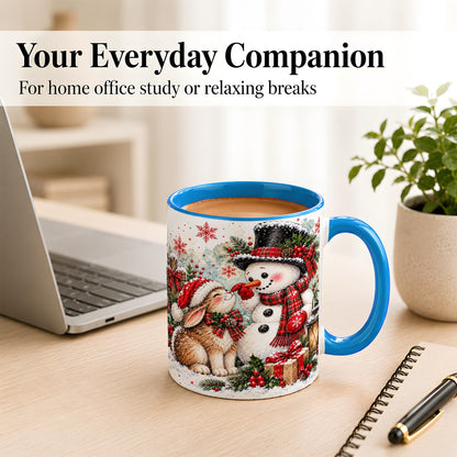 #pl[11oz|Blue] Snowman Bunny Christmas Coffee Mug, Watercolor Winter Mug, Ceramic Cup