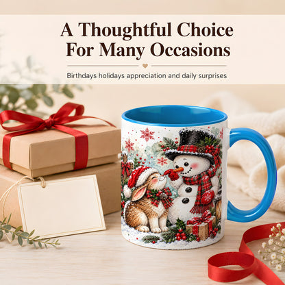 #pl[11oz|Blue] Snowman Bunny Christmas Coffee Mug, Watercolor Winter Mug, Ceramic Cup
