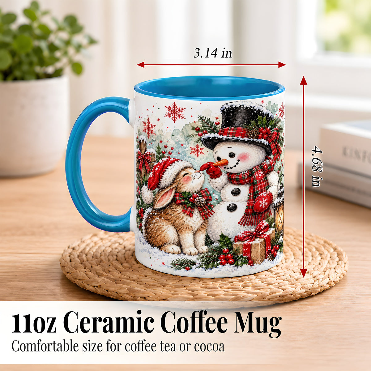 #pl[11oz|Blue] Snowman Bunny Christmas Coffee Mug, Watercolor Winter Mug, Ceramic Cup