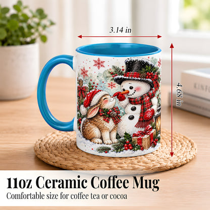 #pl[11oz|Blue] Snowman Bunny Christmas Coffee Mug, Watercolor Winter Mug, Ceramic Cup