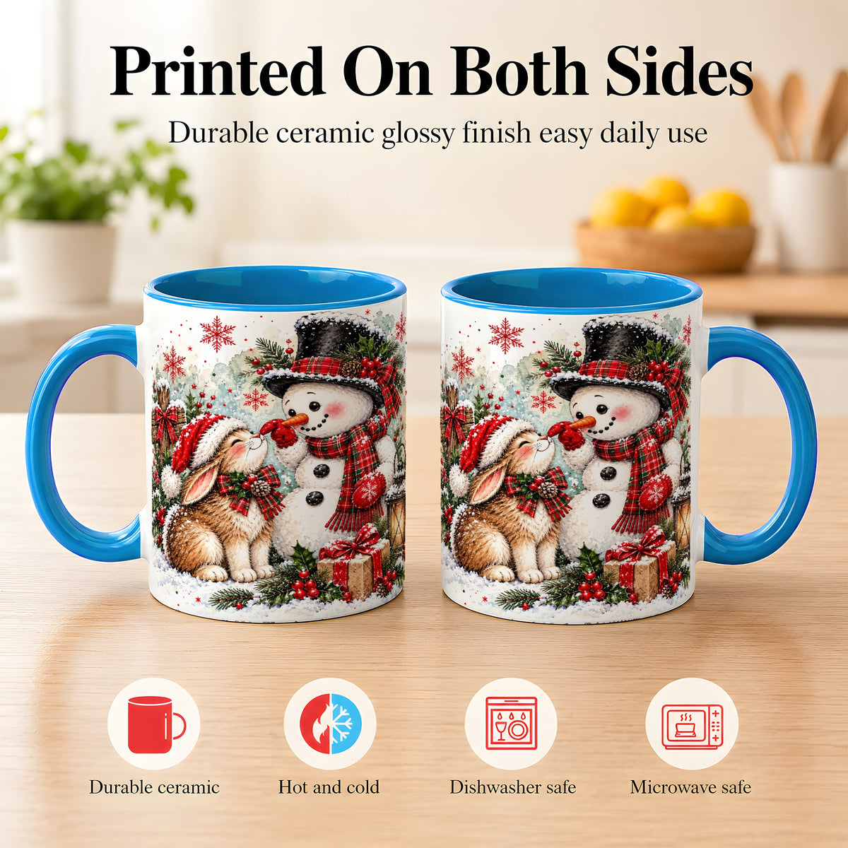 #pl[11oz|Blue] Snowman Bunny Christmas Coffee Mug, Watercolor Winter Mug, Ceramic Cup