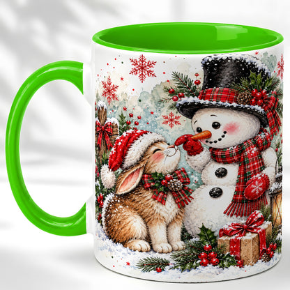 #pl[11oz|Green] Snowman Bunny Christmas Coffee Mug, Watercolor Winter Mug, Ceramic Cup