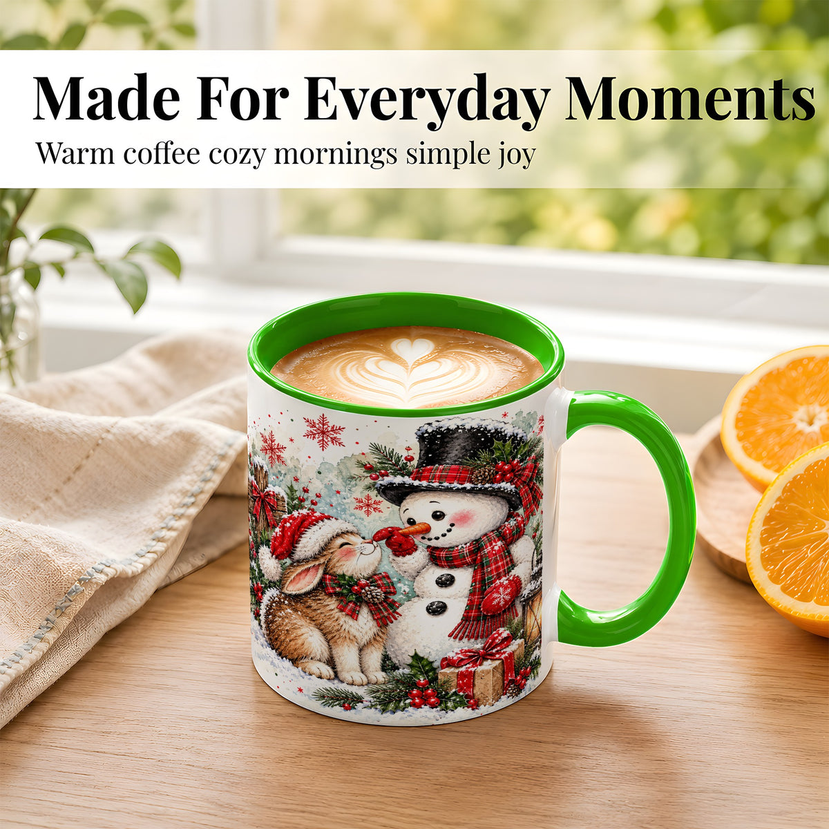 #pl[11oz|Green] Snowman Bunny Christmas Coffee Mug, Watercolor Winter Mug, Ceramic Cup