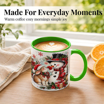 #pl[11oz|Green] Snowman Bunny Christmas Coffee Mug, Watercolor Winter Mug, Ceramic Cup