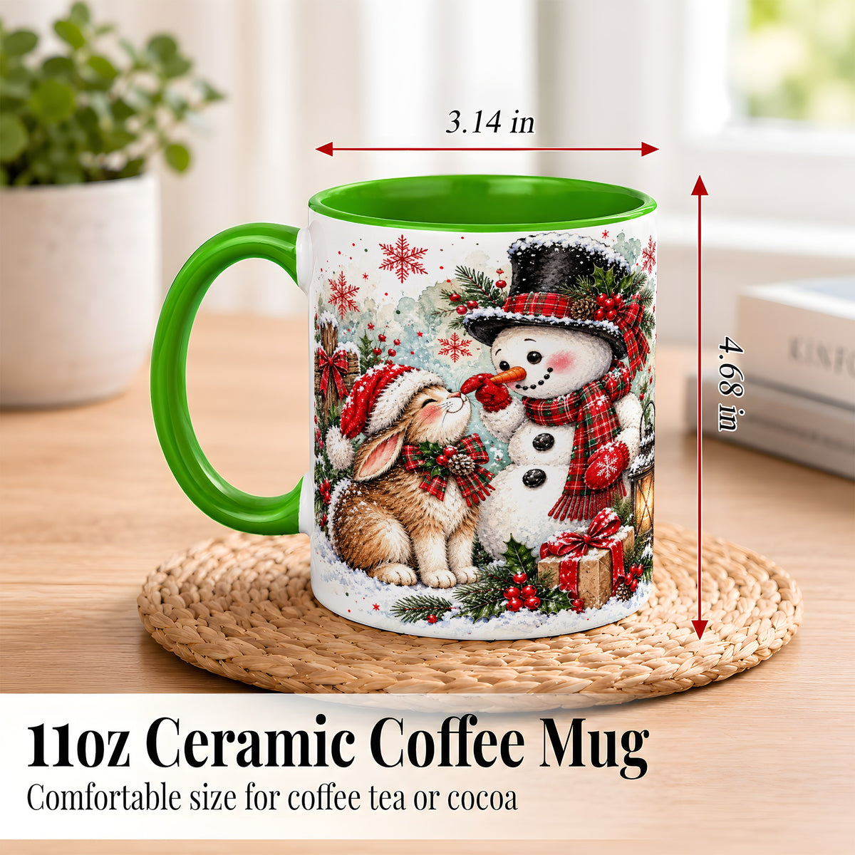 #pl[11oz|Green] Snowman Bunny Christmas Coffee Mug, Watercolor Winter Mug, Ceramic Cup