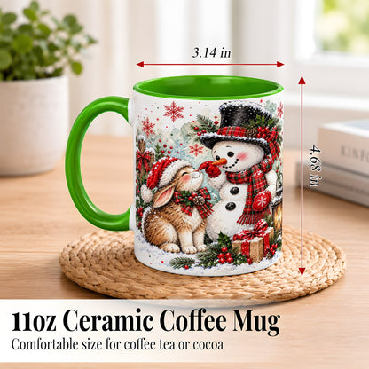 #pl[11oz|Green] Snowman Bunny Christmas Coffee Mug, Watercolor Winter Mug, Ceramic Cup