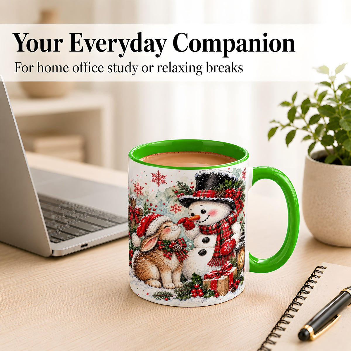 #pl[11oz|Green] Snowman Bunny Christmas Coffee Mug, Watercolor Winter Mug, Ceramic Cup