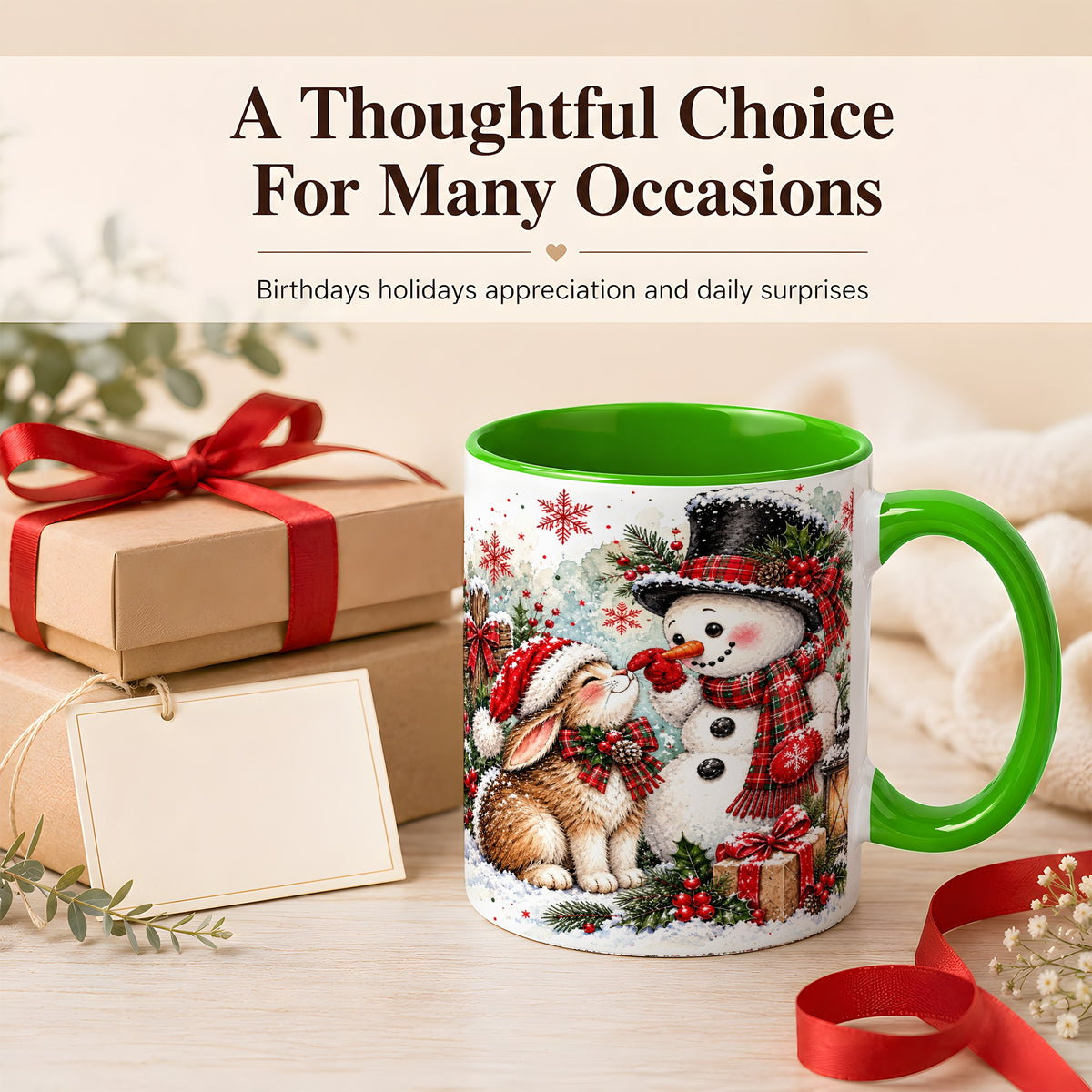 #pl[11oz|Green] Snowman Bunny Christmas Coffee Mug, Watercolor Winter Mug, Ceramic Cup