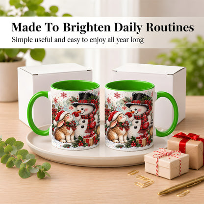 #pl[11oz|Green] Snowman Bunny Christmas Coffee Mug, Watercolor Winter Mug, Ceramic Cup