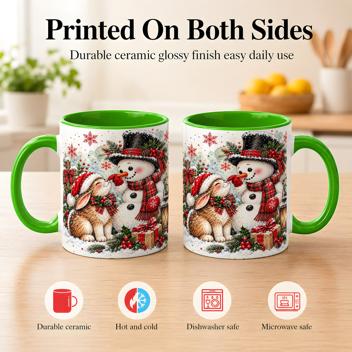 #pl[11oz|Green] Snowman Bunny Christmas Coffee Mug, Watercolor Winter Mug, Ceramic Cup