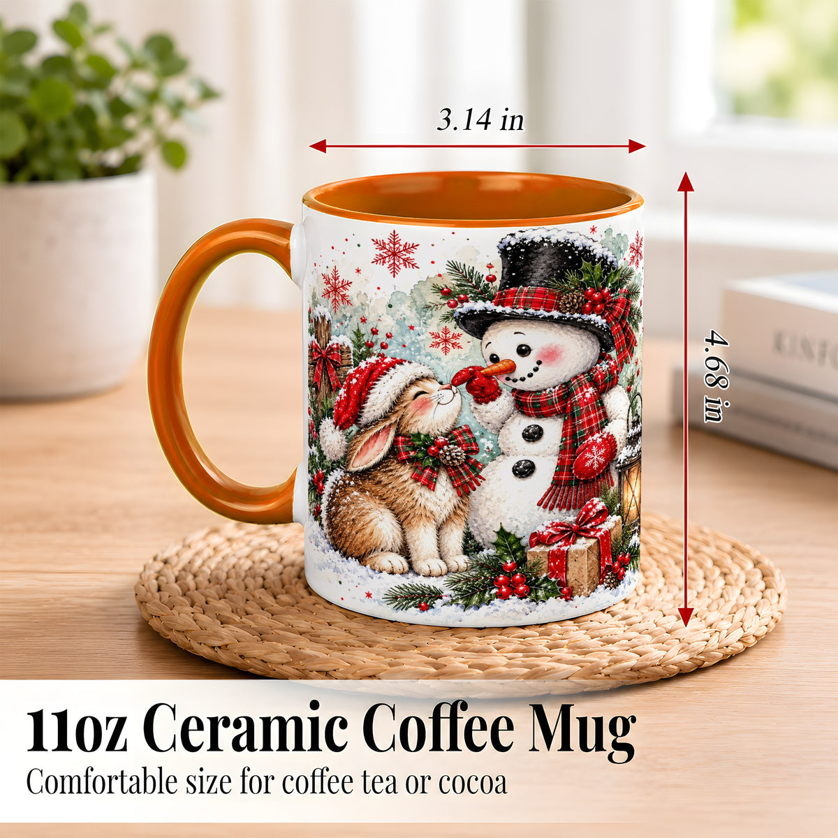 #pl[11oz|Orange] Snowman Bunny Christmas Coffee Mug, Watercolor Winter Mug, Ceramic Cup