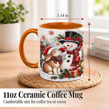 #pl[11oz|Orange] Snowman Bunny Christmas Coffee Mug, Watercolor Winter Mug, Ceramic Cup