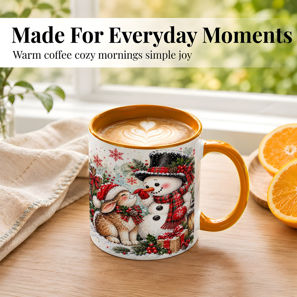 #pl[11oz|Orange] Snowman Bunny Christmas Coffee Mug, Watercolor Winter Mug, Ceramic Cup
